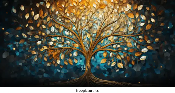 Mosaic Artwork of a Golden Tree with Blue Background