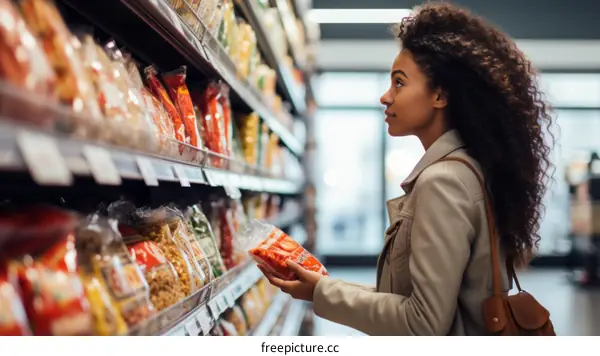 A young woman is looking at a product in a grocery store.