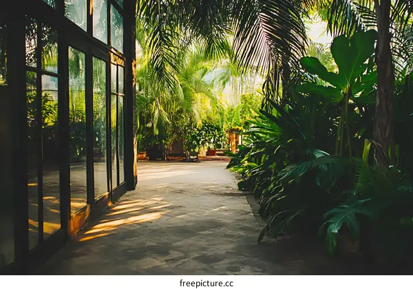 Pathway Through Tropical Garden with Glass Doors and Sunlight