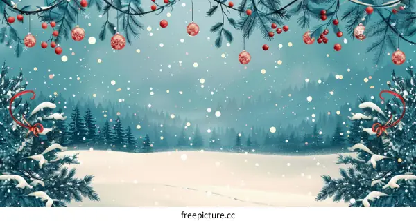 Snowy Christmas Landscape with Pine Trees and Red Ornaments