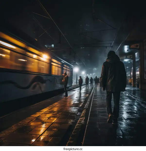 A lone figure walks along a deserted city street at night, illuminated by the lights of a passing train.