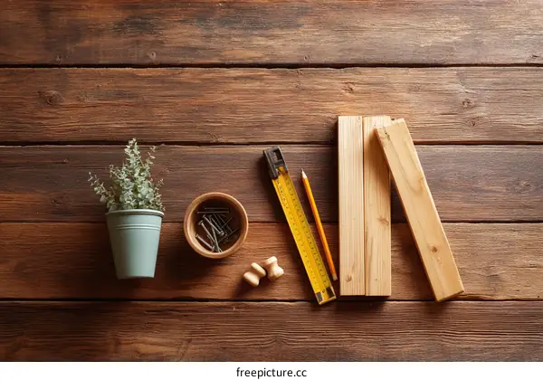 Wooden Workshop Tools and Materials on Wooden Table