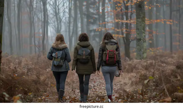 Three Women Hiking in a Foggy Forest in Autumn
