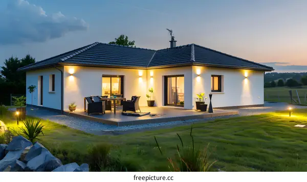 Modern House with Patio and Landscape Lighting at Dusk
