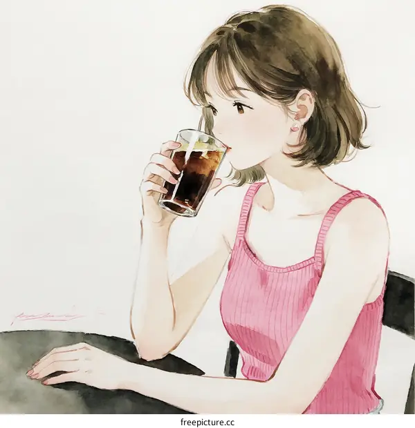 A Young Woman Sitting at a Table Drinking a Glass of Cola