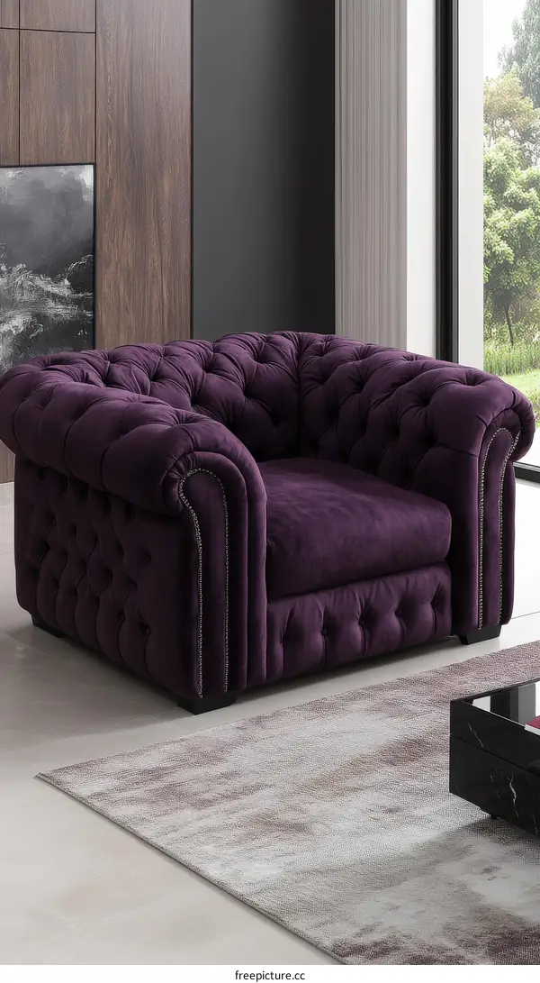 Purple Velvet Chesterfield Armchair in Modern Living Room