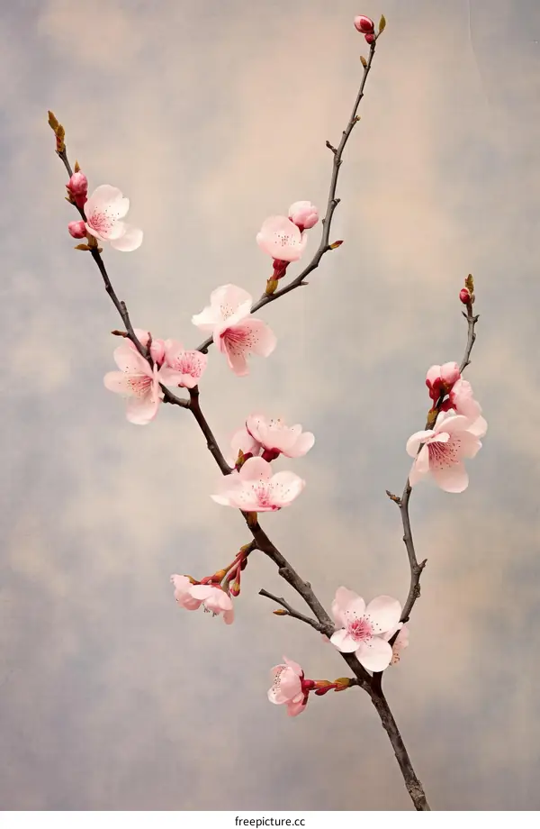 Pink Cherry Blossom Branch on White Background
