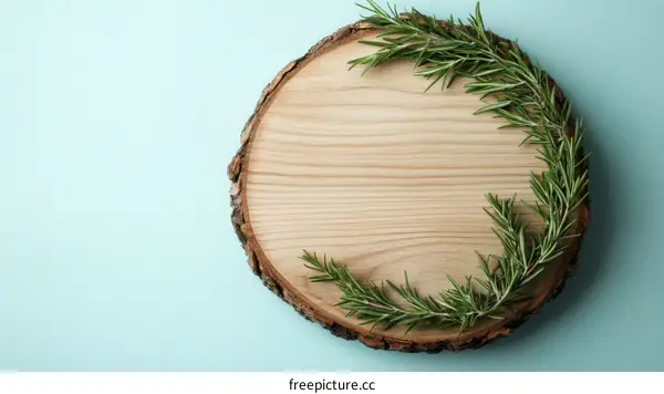 Wooden Slice with Fresh Rosemary
