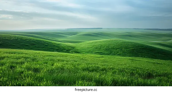 Green rolling hills under blue sky with clouds