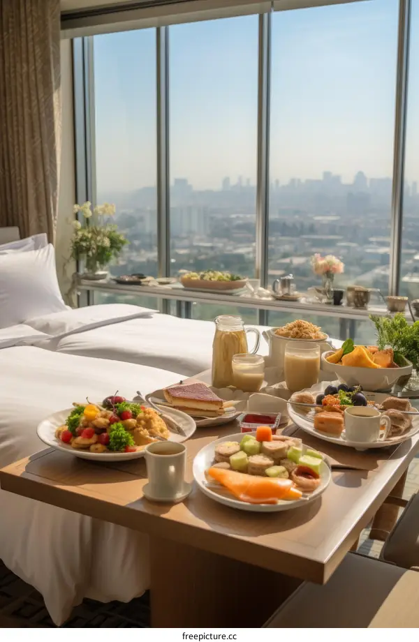 A delicious breakfast spread with a view of the city