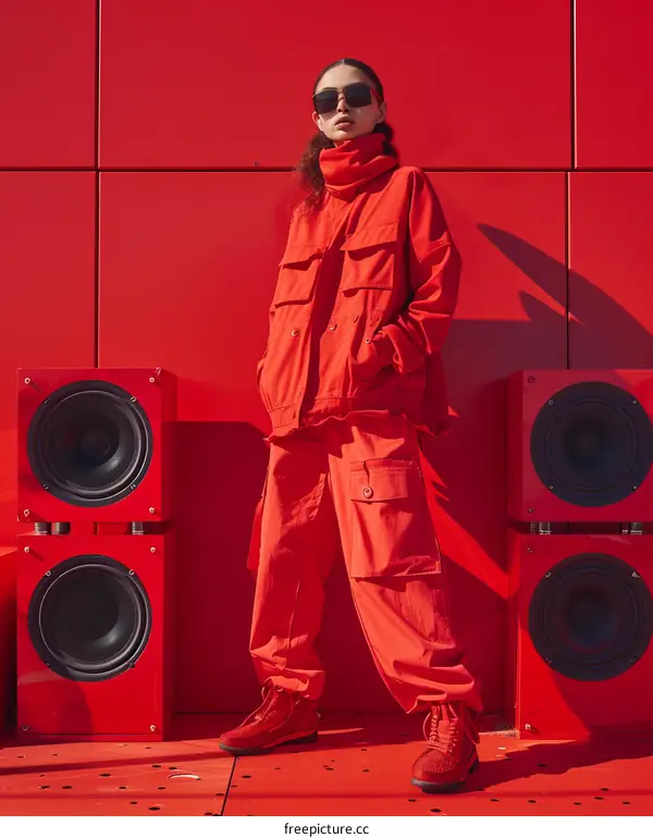 Asian woman in red baggy outfit posing in front of red wall with speaker