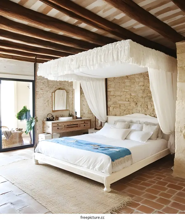 Rustic Bedroom With White Canopy Bed And Wooden Beams