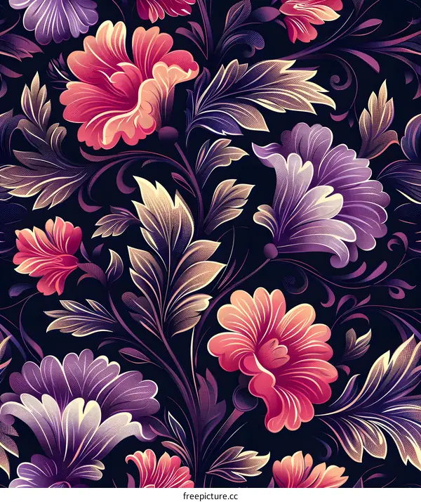 Floral Pattern with Purple and Pink Flowers on Dark Background
