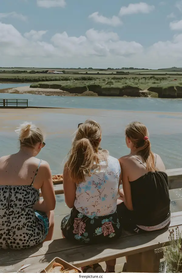 Three Friends Relaxing by the River on a Sunny Day
