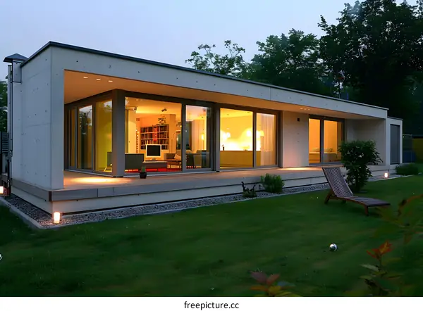 Modern Concrete House with Large Windows and a Deck