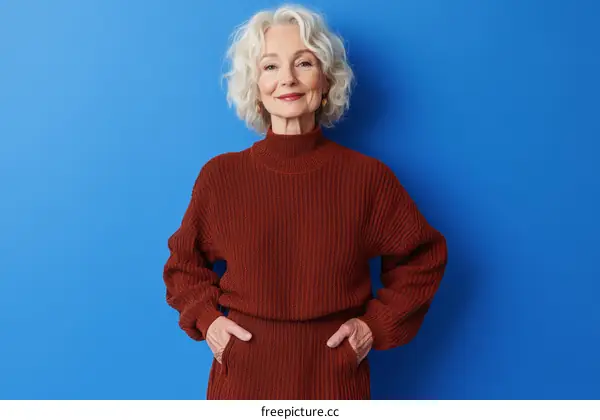 Senior Woman in a Stylish Maroon Knitted Outfit