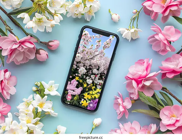 Pink Flowers Surrounding Phone Screen With Spring Blossom Image
