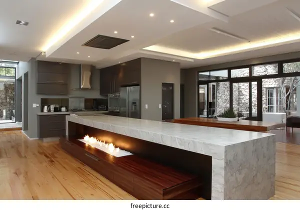Modern Open-Plan Kitchen with Island and Fireplace