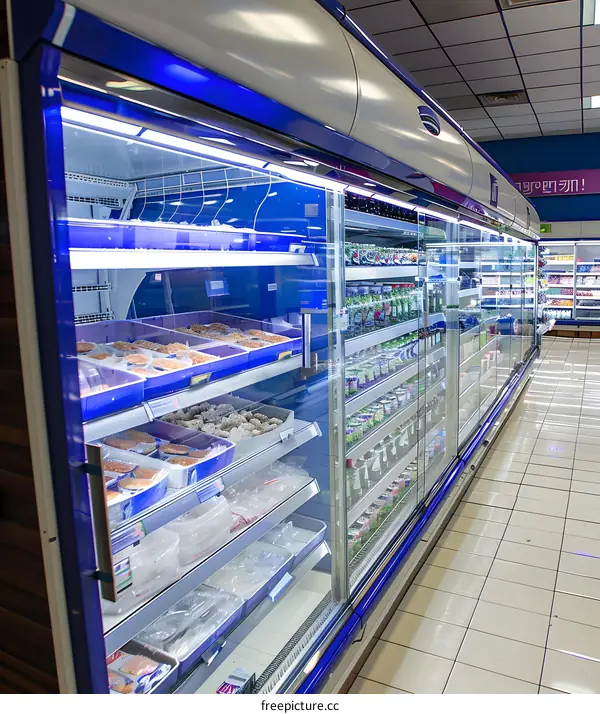 Refrigerator Display of Frozen Food in a Grocery Store