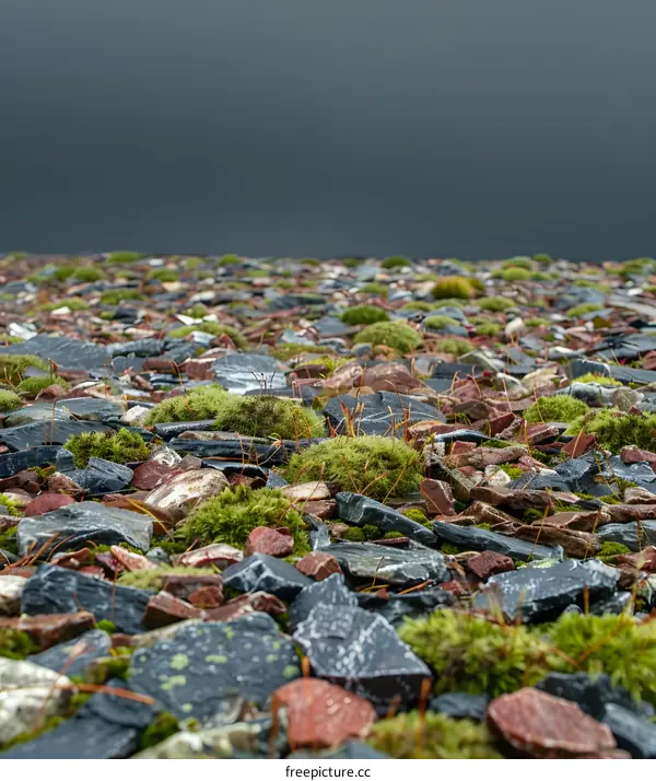 Closeup of Green Moss Growing on Rocks with a Cloudy Sky in the Background