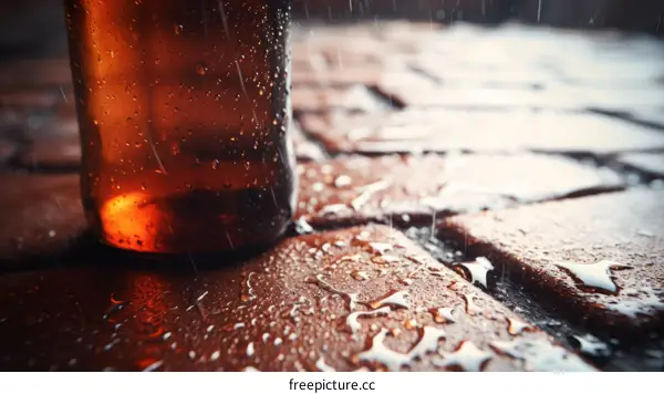 beer bottle in the rain on bricks