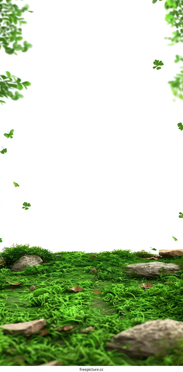 Green Grass and White Background with Clover Leaves Falling
