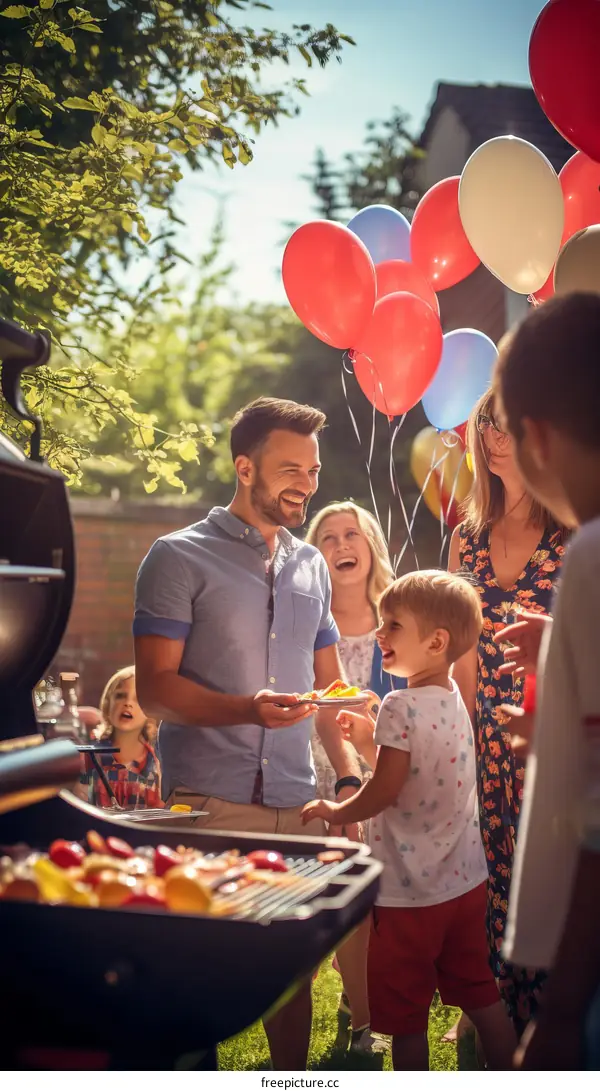 Happy family having a barbecue in their backyard