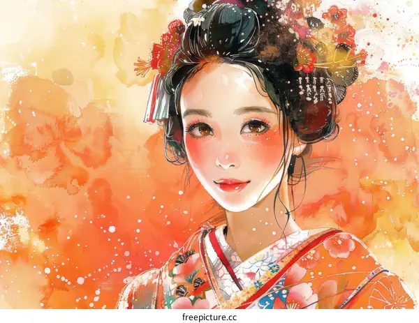 A beautiful Japanese woman in a kimono with orange background