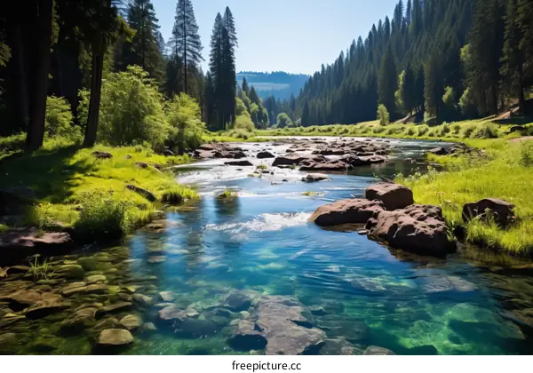A beautiful river flowing through a lush green forest