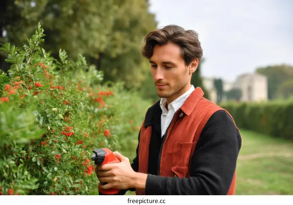 Man Pruning Hedge in Park Landscape