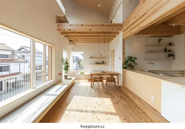 Modern Japanese Home Interior Design with Wooden Beams and Natural Light