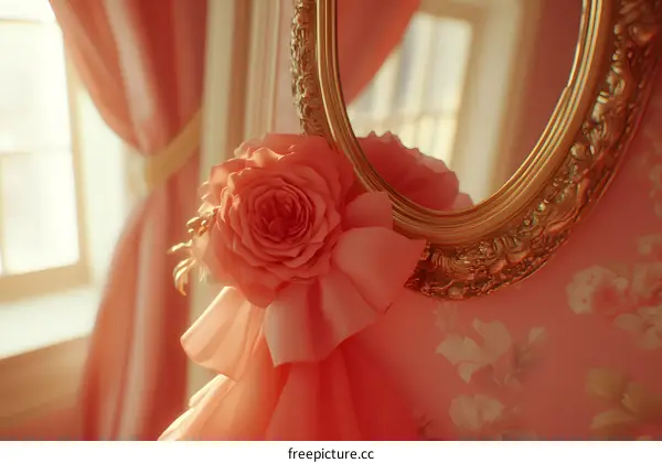 Closeup Of A Pink Rose On A Gold Mirror