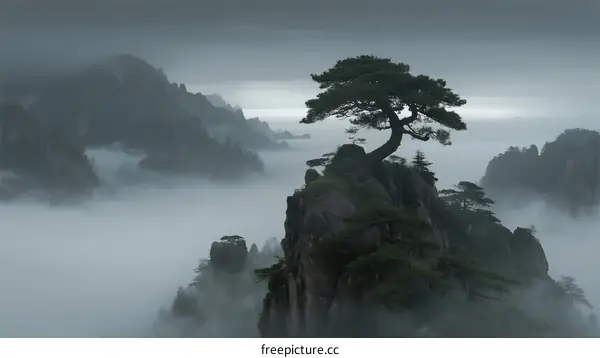 A tall pine tree standing on top of a misty mountain peak