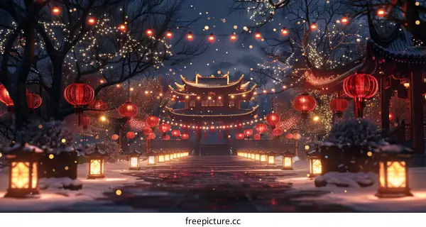 Red Lanterns Illuminating Snowy Streets During Chinese New Year