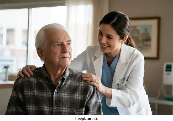 Female Doctor comforting elderly male patient in medical setting