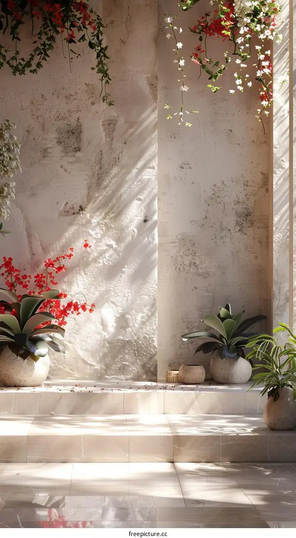 Rustic Interior Scene with Plants and Light