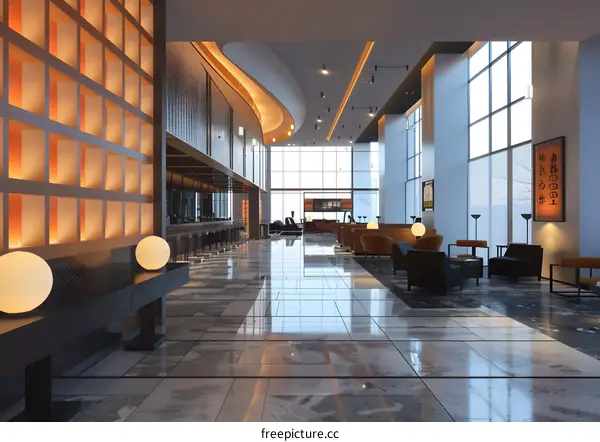 Modern Hotel Lobby Interior Design with Marble Floor and Minimalist Furniture