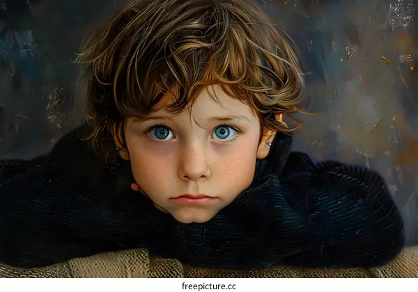 Portrait of a boy with freckles and blue eyes