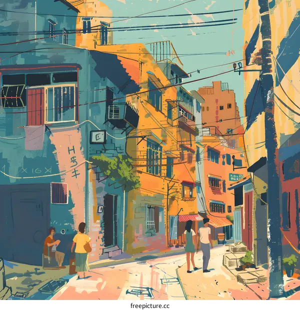Colorful Illustration of a Busy Street in a City