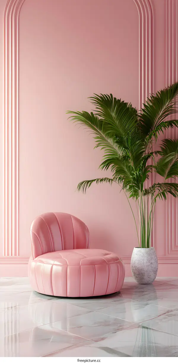 Pink Round Sofa With Palm Plant Minimalist Interior Design