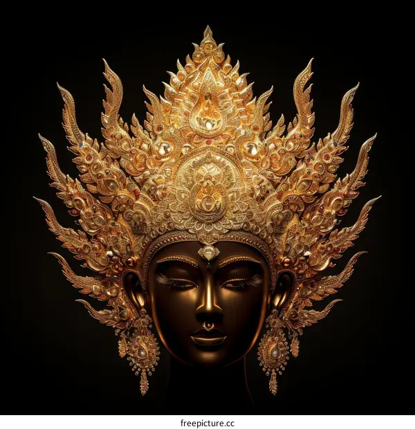 A golden crown with a dark face in the center