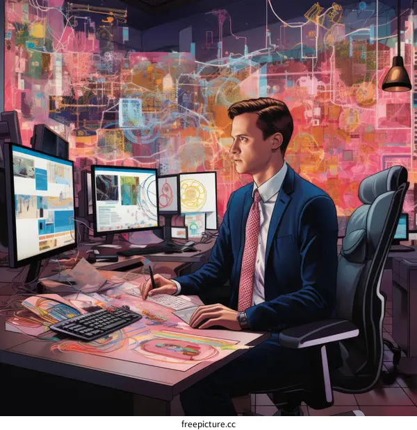 Young Male Professional in Dark Suit and Tie Focuses on Computer in Futuristic Office