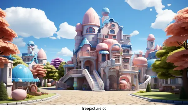 A whimsical digital illustration of a colorful and cute cartoon village with pink mushroom-shaped houses and blue skies