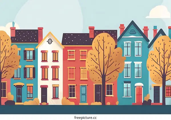 Colorful Row of Houses With Fall Trees