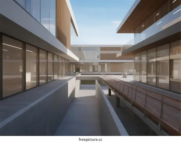 Modern Architectural Design with Glass and Concrete in Courtyard