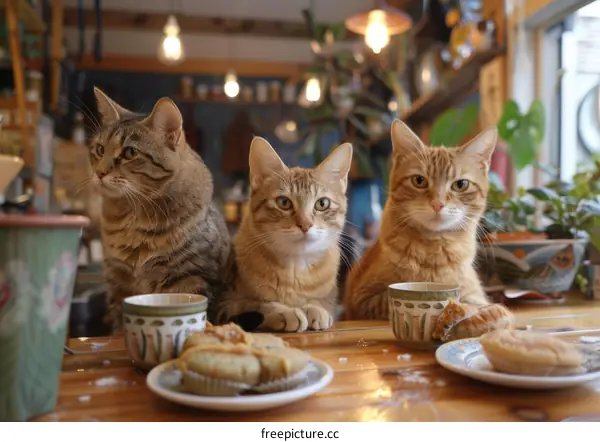 Three Ginger Cats Enjoying a Cafe Table