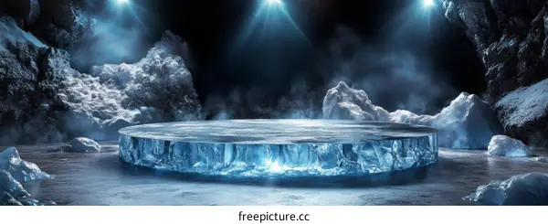 Icy Winter Display Platform in a Frozen Cave