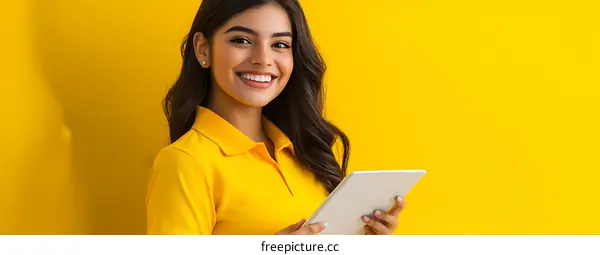 Smiling Woman in Yellow Polo Shirt Holding Tablet Against Yellow Background