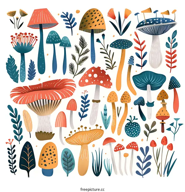 Colorful Mushroom Illustration With Floral Elements