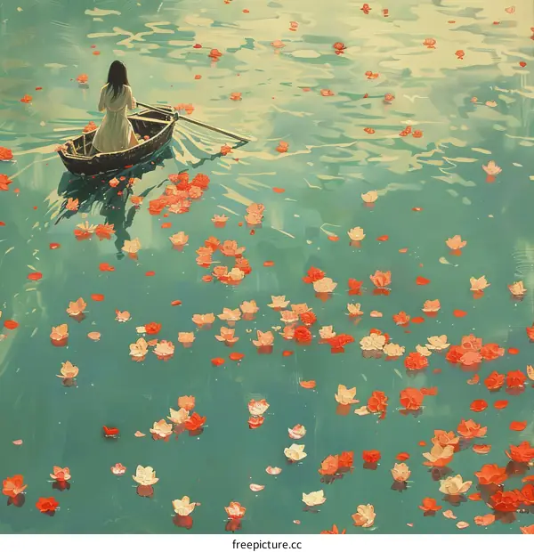 A girl rowing a boat in a lake with lotuses